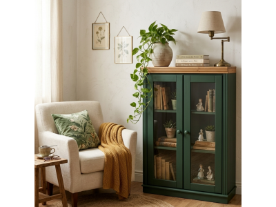 Estante de madeira com 1,19 m na cor verde e cera natural com duas portas de vidro / Coleção biblioteca